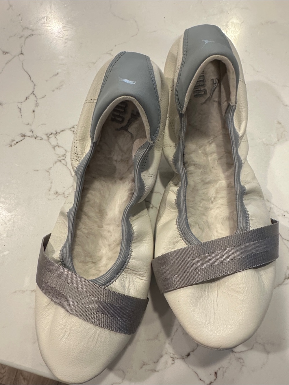 Puma Women’s White and Gray Slip-On Ballet Flats with Elastic Strap